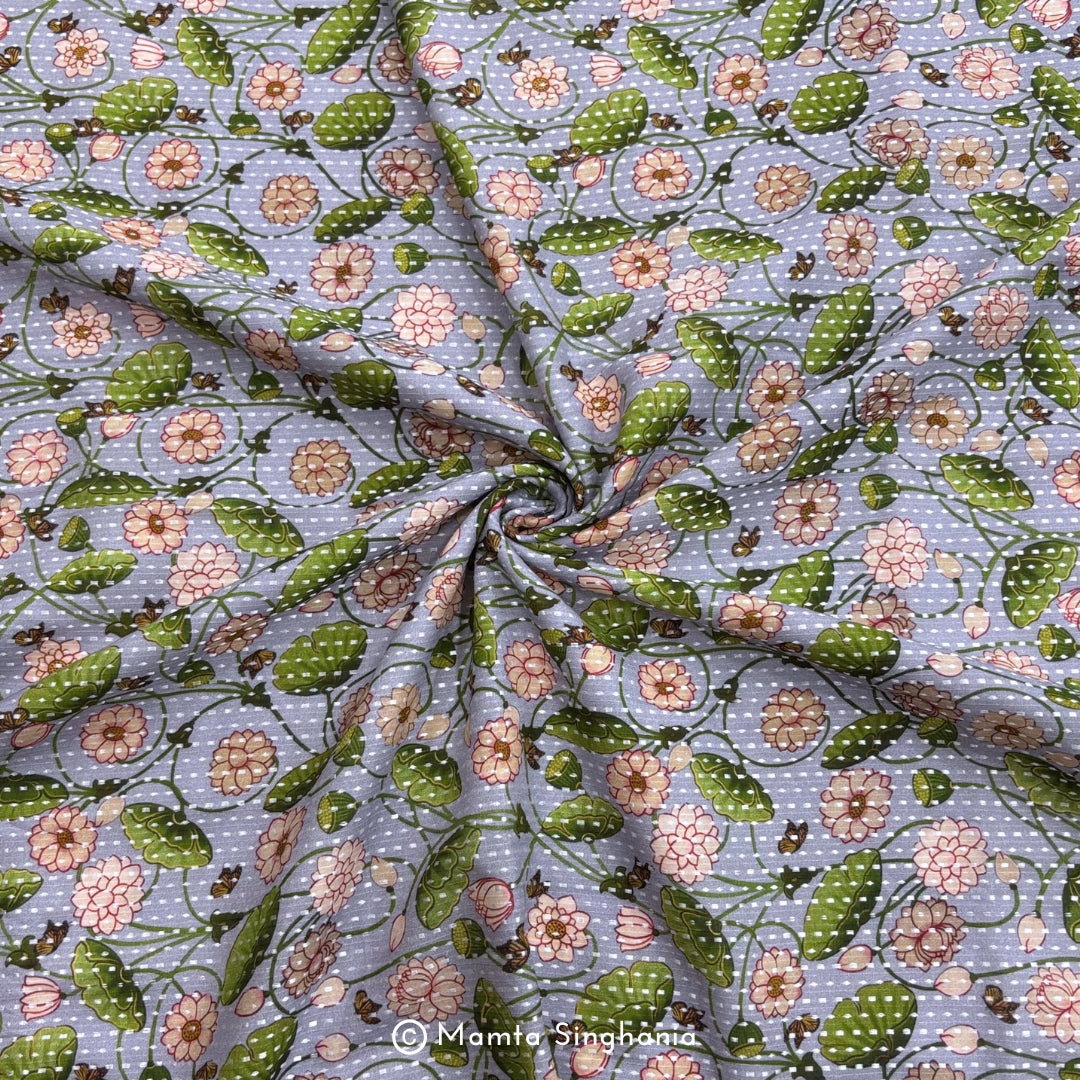 Light Mauve Floral Printed Self Weave Cotton Fabric