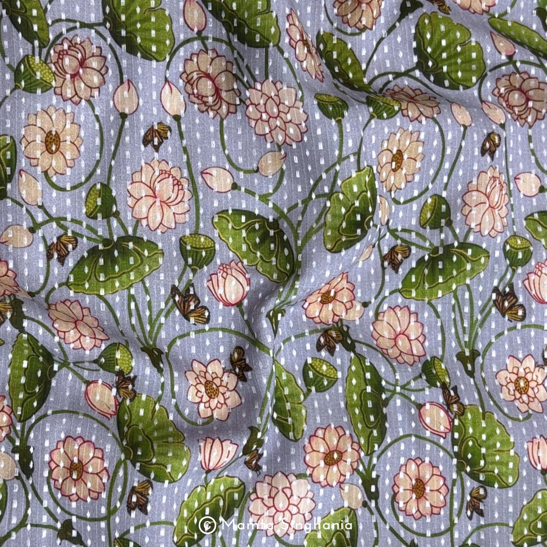 Light Mauve Floral Printed Self Weave Cotton Fabric