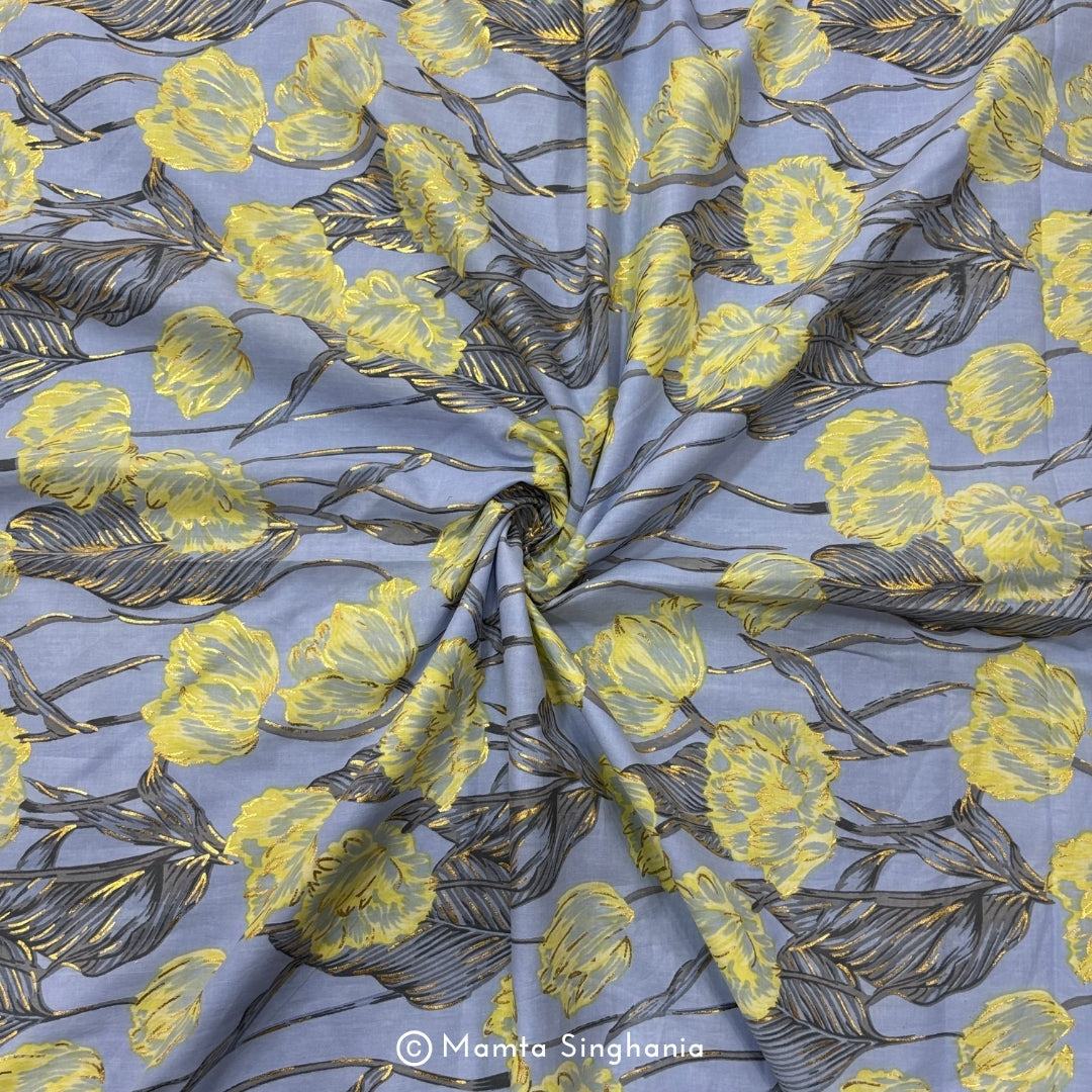 Periwinkle Blue Floral Foil Printed Cotton Fabric