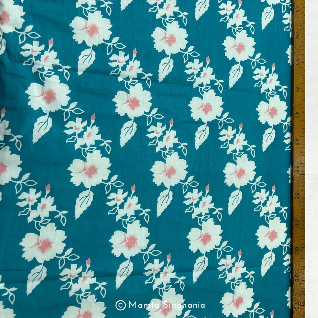 Teal Blue Floral Printed Cotton Fabric