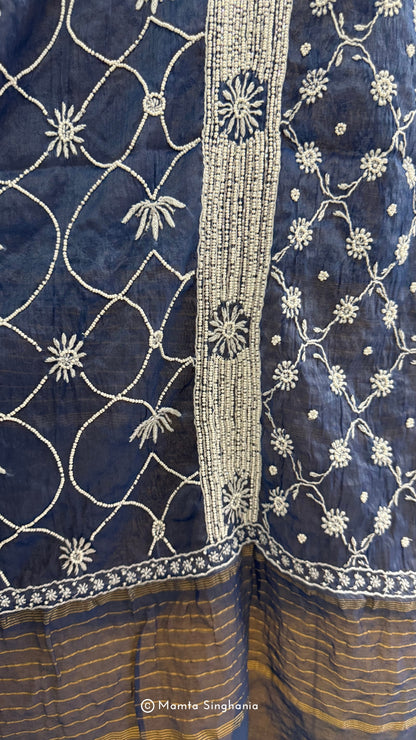 Indigo Blue Mul Chanderi Unstitched Chikankari Suit Set