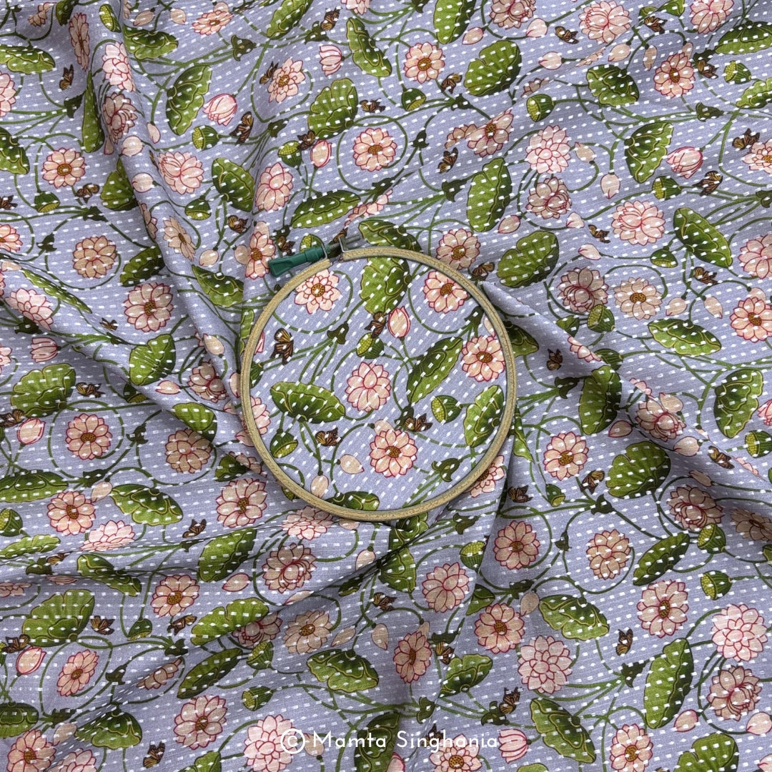 Light Mauve Floral Printed Self Weave Cotton Fabric