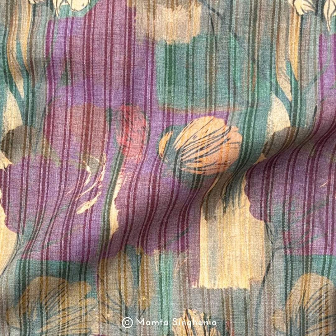Mauve Peach Floral Printed Self Weave Cotton Fabric