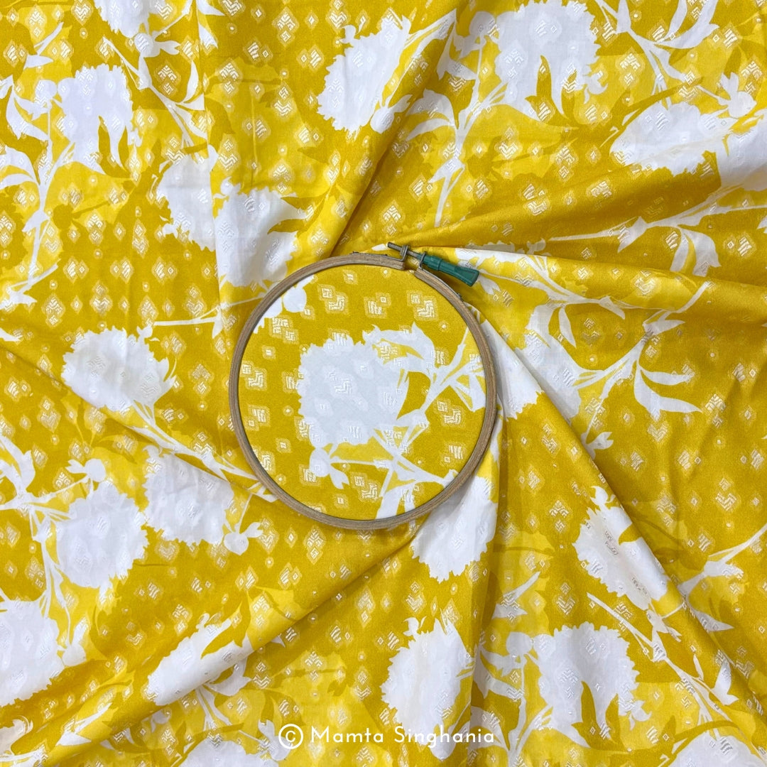 Yellow Floral Printed Self Weave Cotton Fabric