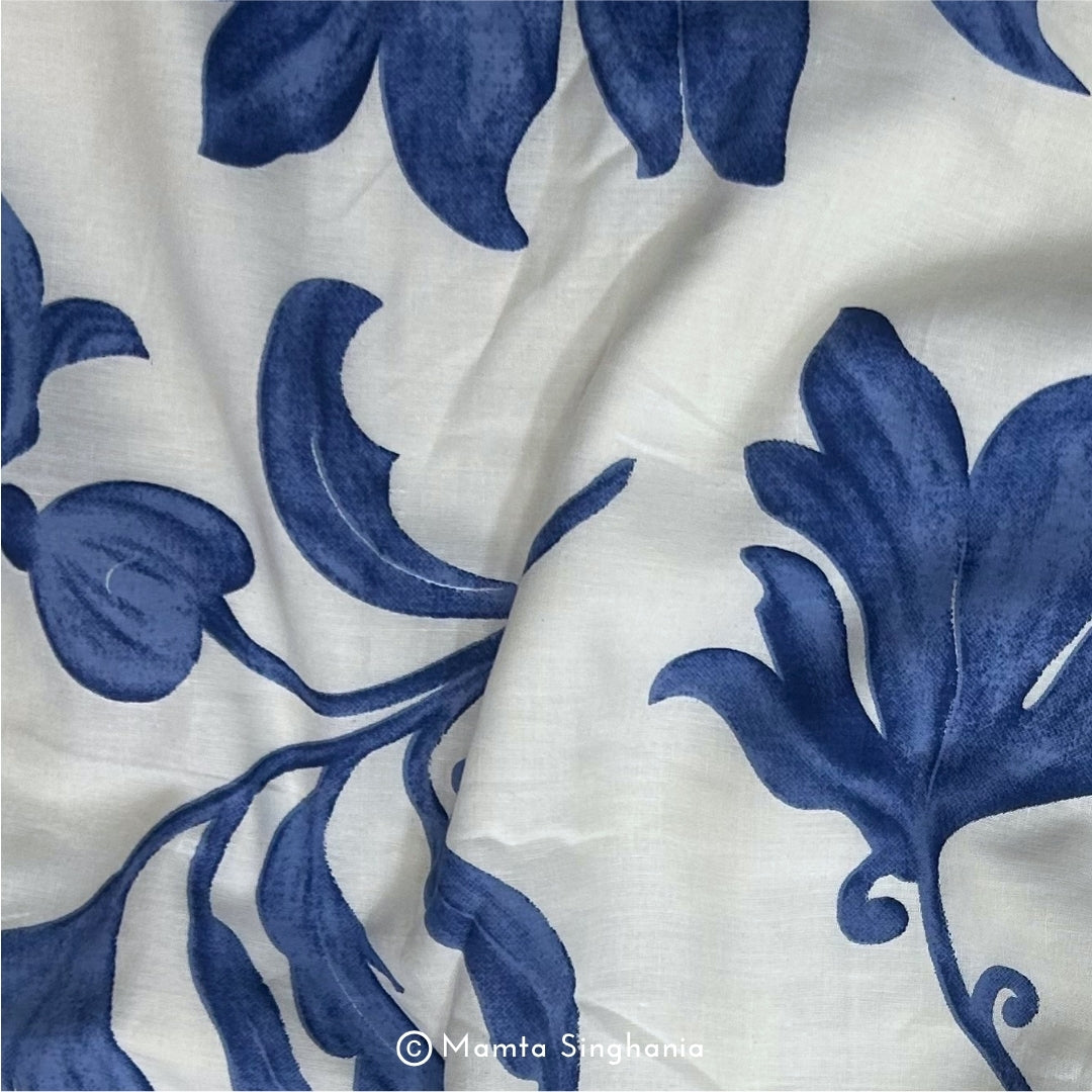White Blue Floral Printed Cotton Fabric
