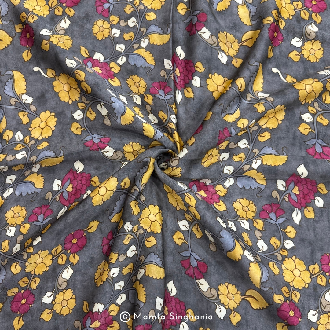 Grey Kalamkari Printed Modal Satin