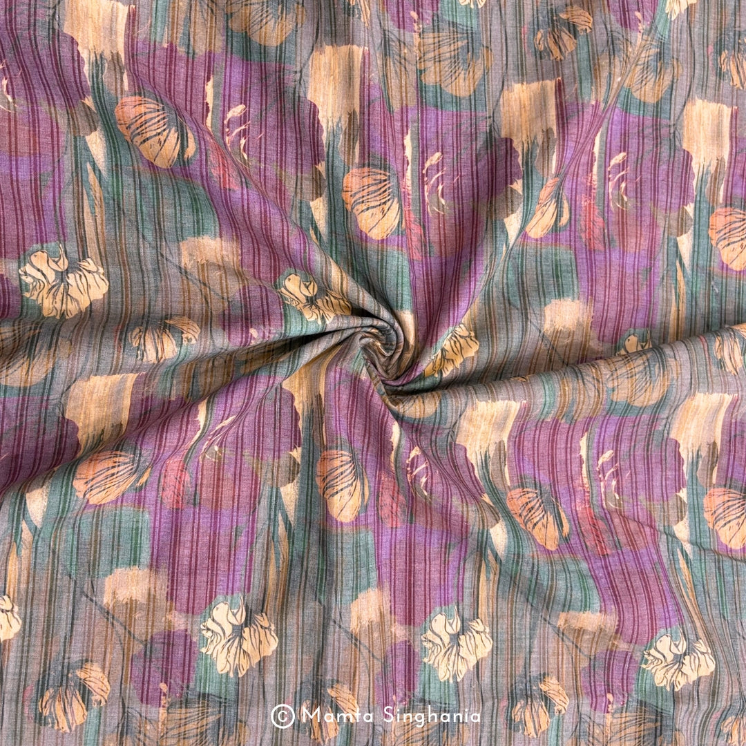 Mauve Peach Floral Printed Self Weave Cotton Fabric