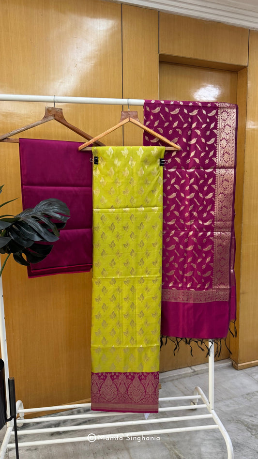 Parrot Green Magenta Pink Banarasi Brocade Suit Set