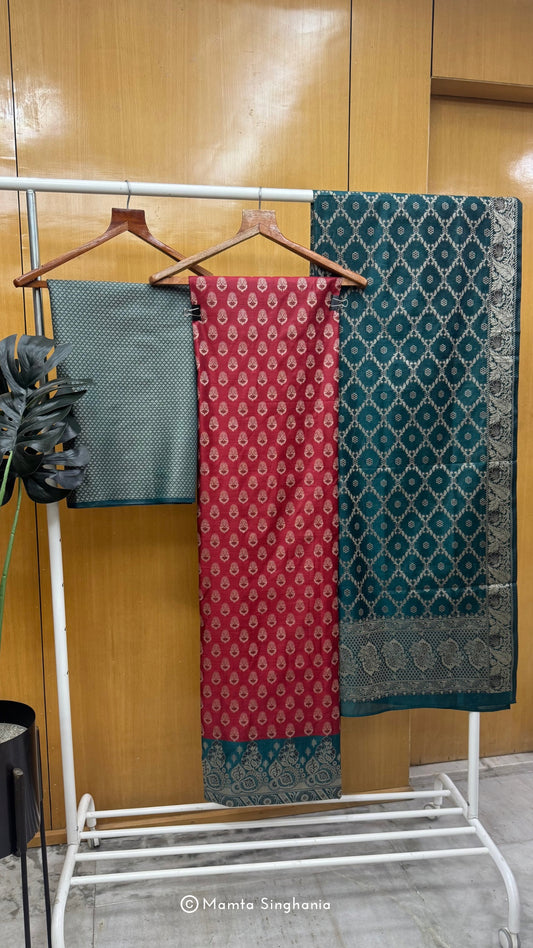 Red Green Banarasi Jacquard Suit Set