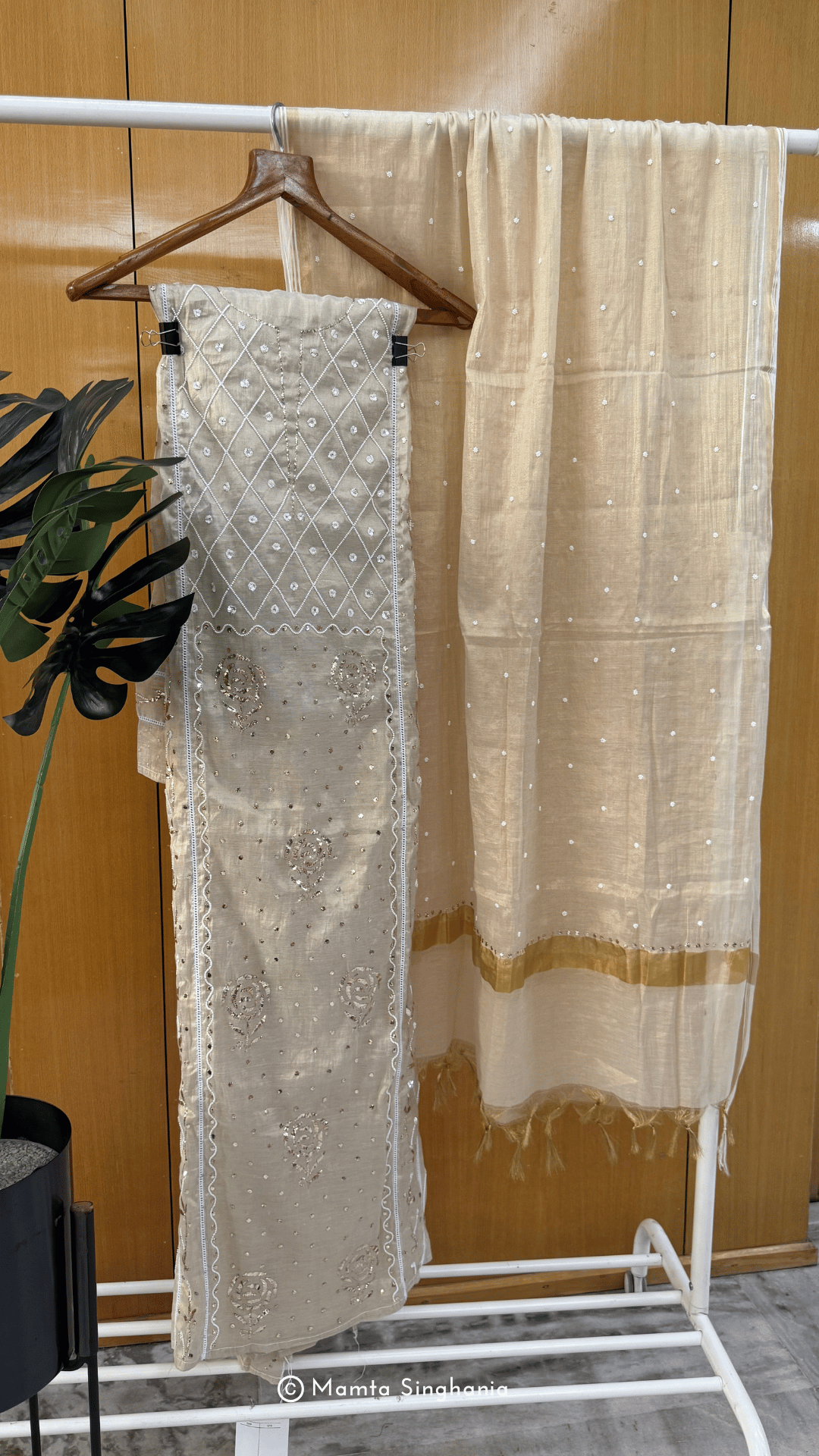 Beige Tissue Unstitched Mukaish Suit Set
