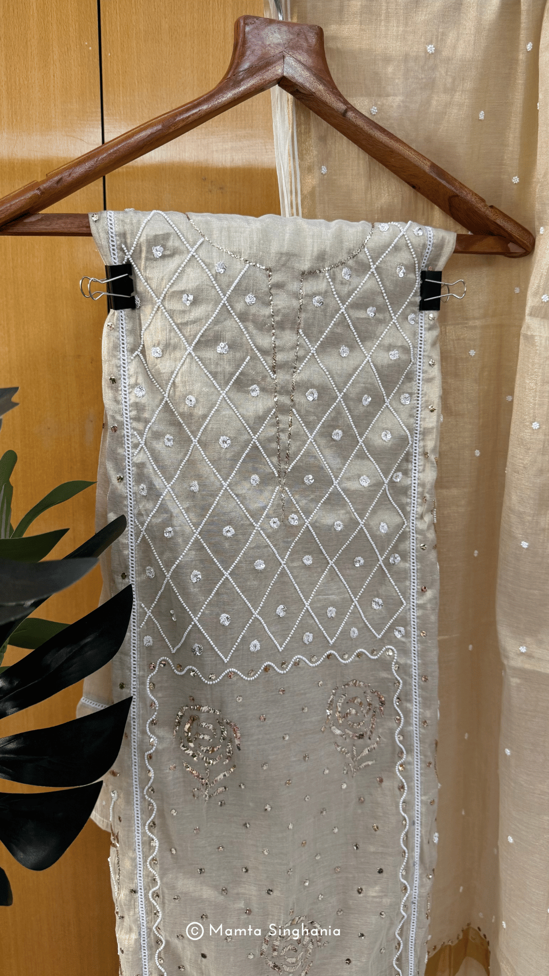 Beige Tissue Unstitched Mukaish Suit Set
