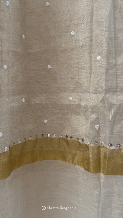 Beige Tissue Unstitched Mukaish Suit Set