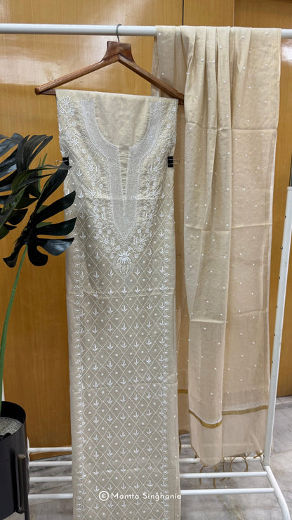 Beige Tissue Unstitched Chikankari Suit Set
