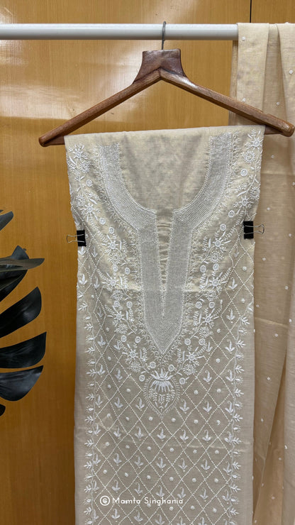 Beige Tissue Unstitched Chikankari Suit Set