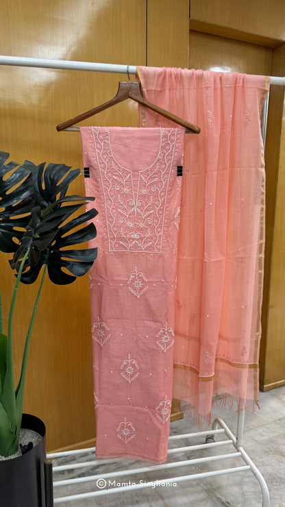 Peach Mul Chanderi Unstitched Chikankari Suit Set
