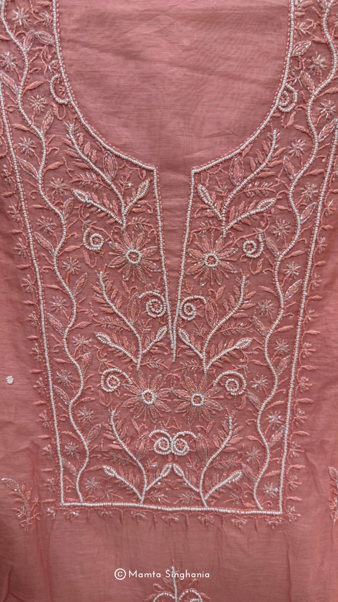 Peach Mul Chanderi Unstitched Chikankari Suit Set