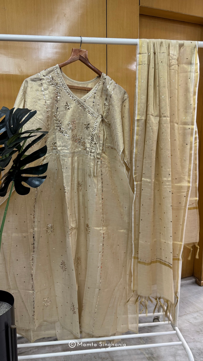 Beige Semi-stitched Chikankari Tissue Suit Set
