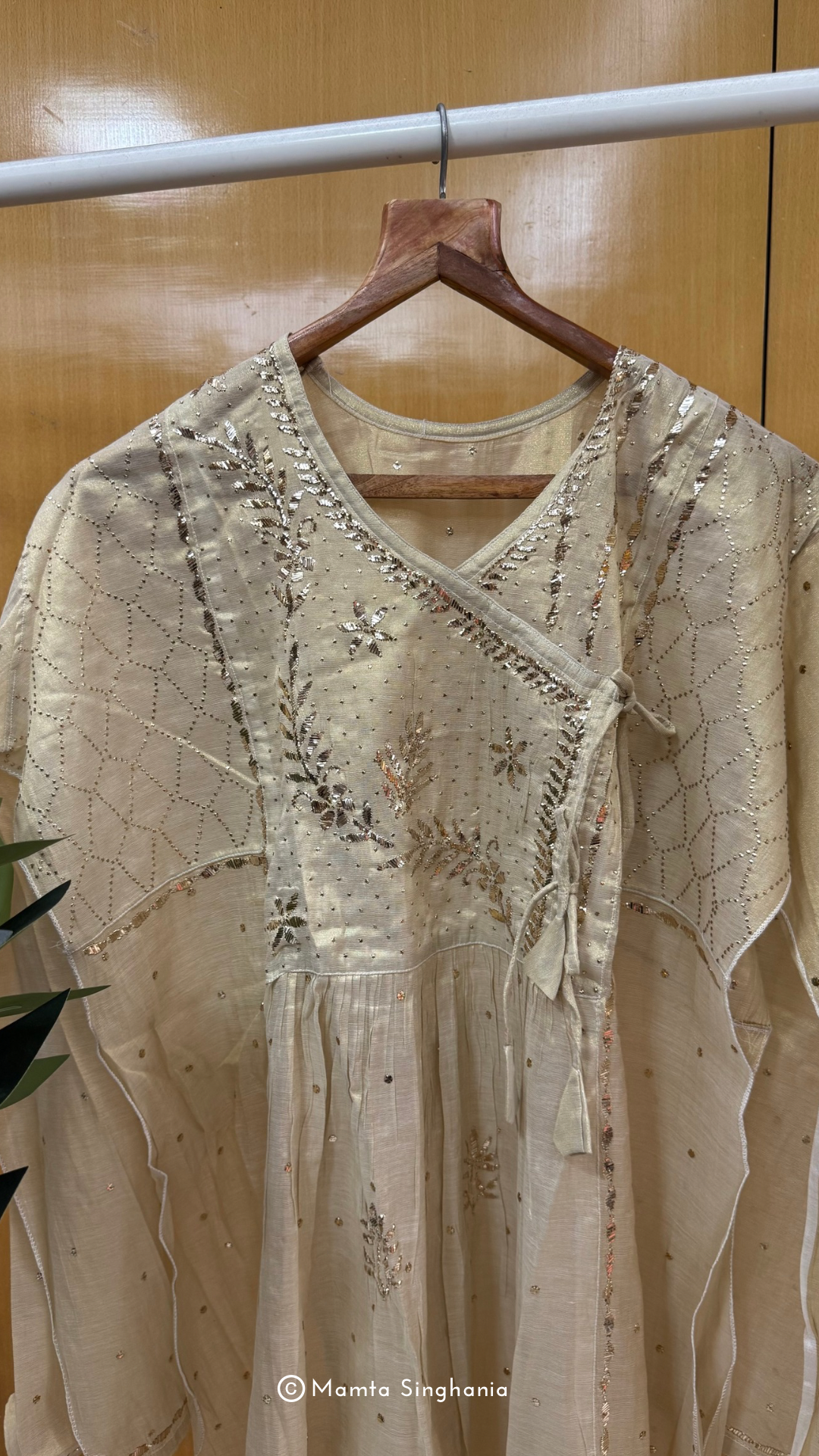 Beige Semi-stitched Chikankari Tissue Suit Set