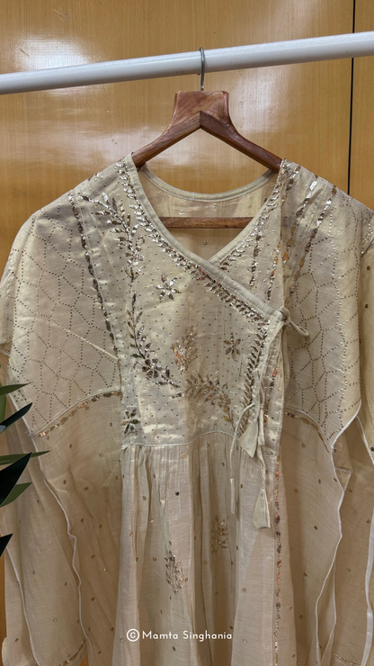 Beige Semi-stitched Chikankari Tissue Suit Set