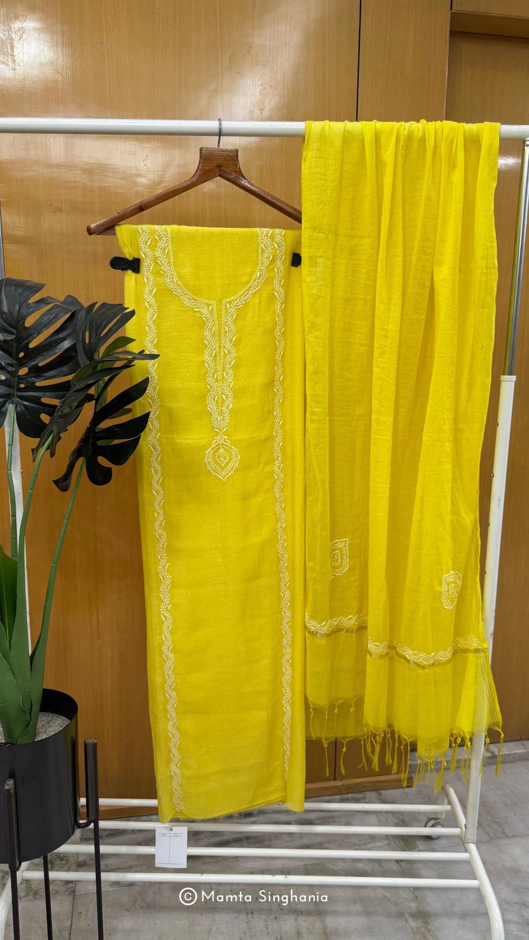 Yellow Mul Chanderi Unstitched Chikankari Suit Set