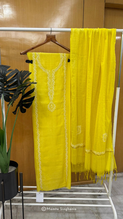 Yellow Mul Chanderi Unstitched Chikankari Suit Set