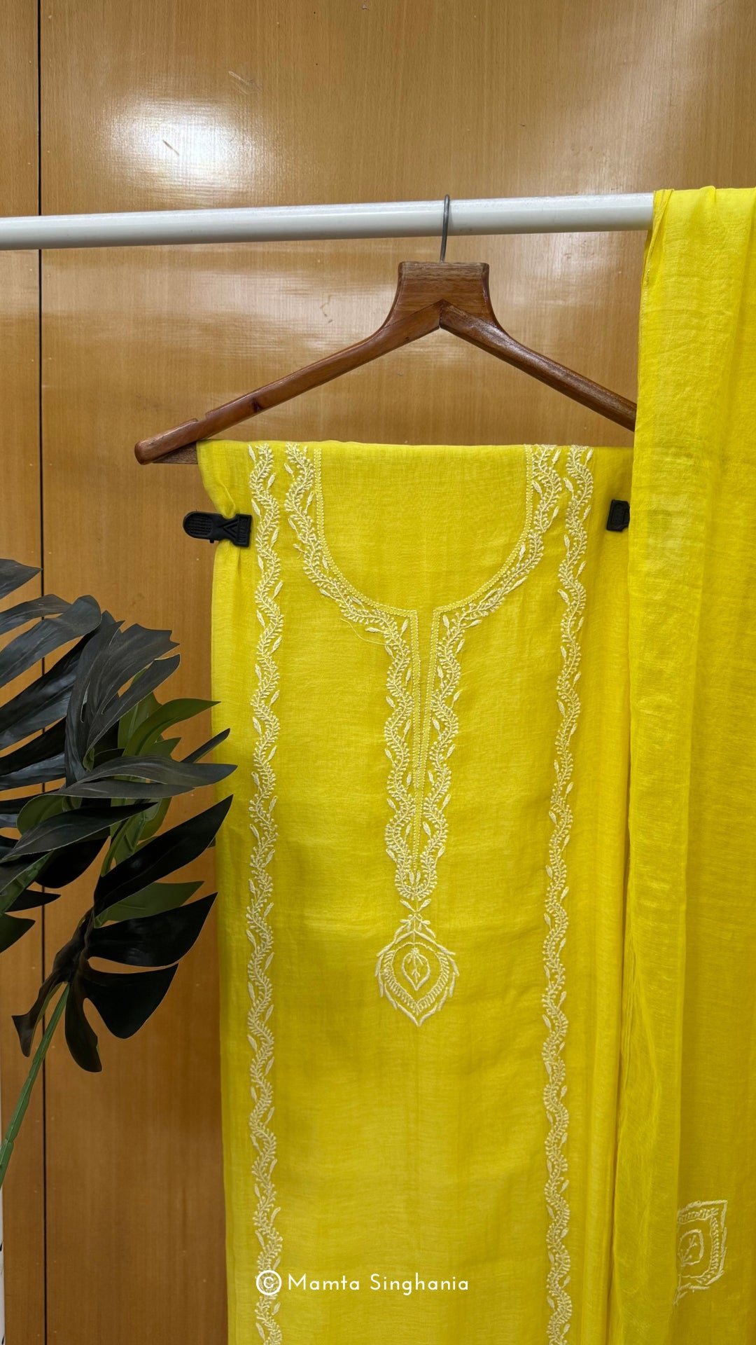 Yellow Mul Chanderi Unstitched Chikankari Suit Set