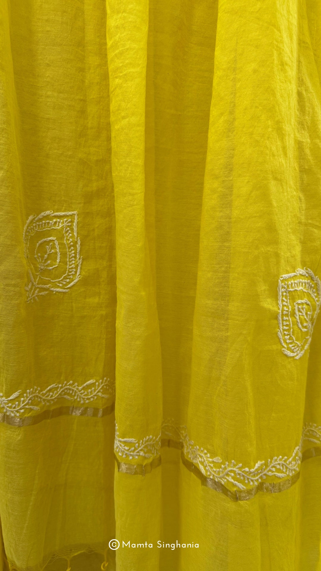 Yellow Mul Chanderi Unstitched Chikankari Suit Set